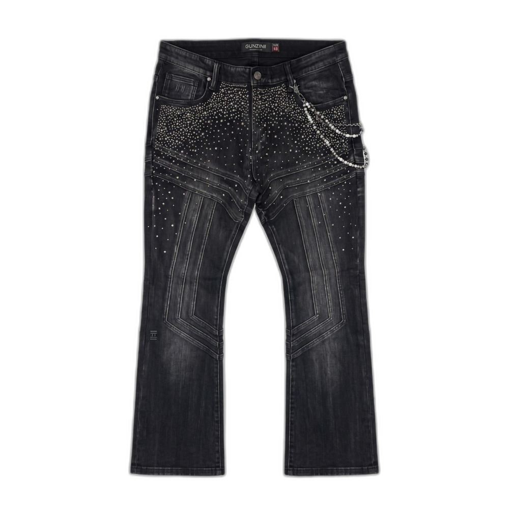 GUNZINII Denim Jeans Size 40 Black Distressed Rhinestone Biker Rocker NWT